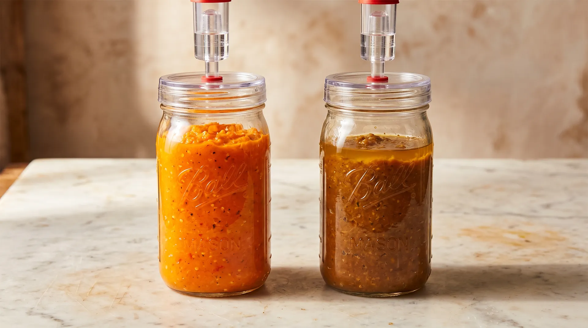 Water lock (airlock) lids fitted on wide-mouth mason jars. Left: fresh-packed mash at the start of fermentation. Right: mash after 7–10 days — note the color shift and visible brine accumulation.